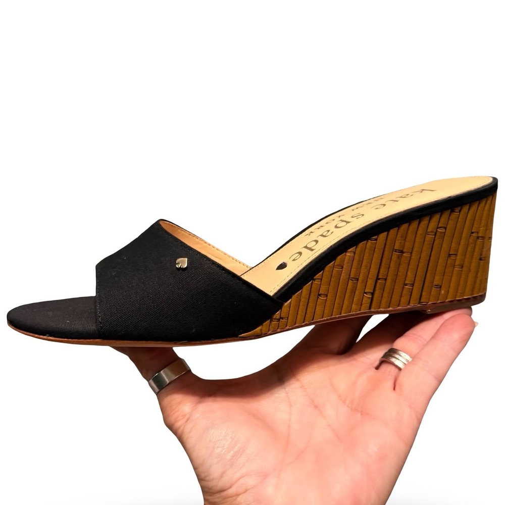 Kate Spade Meena Black Canvas Bamboo Wedge Slide Sandals K8294-1 Sz 7.5 B - Picture 13 of 13